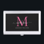 Girl Black Hot Pink Magenta Monogram Script Name Visitenkarten Dose<br><div class="desc">Elegante Black Hot Pink Magenta Monogram Girly Script Name Business Card Fall</div>