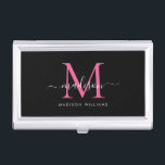 Girl Black Hot Pink Magenta Monogram Script Name Visitenkarten Dose<br><div class="desc">Elegante Black Hot Pink Magenta Monogram Girly Script Name Business Card Fall</div>