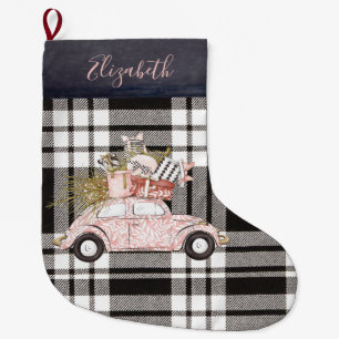 Girl Black Kariert Pink Car Mit Monogramm Großer Weihnachtsstrumpf