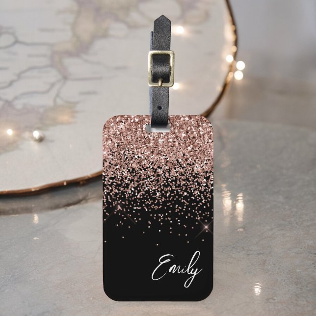 Girl Black Rose Gold Blush Pink Glitzer Monogram Gepäckanhänger (Von Creator hochgeladen)