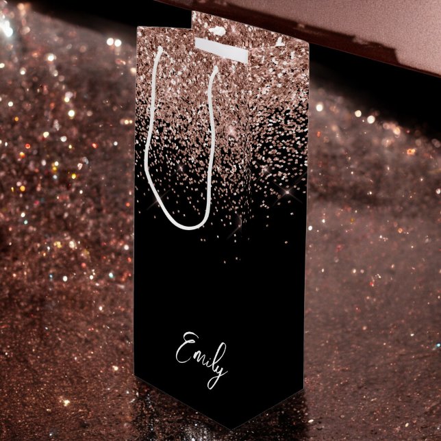 Girl Black Rose Gold Blush Pink Glitzer Monogram Geschenktüte Für Weinflaschen (Von Creator hochgeladen)