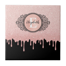 Girl Black Rose Gold Glitzer Tropfen Monogram Fliese