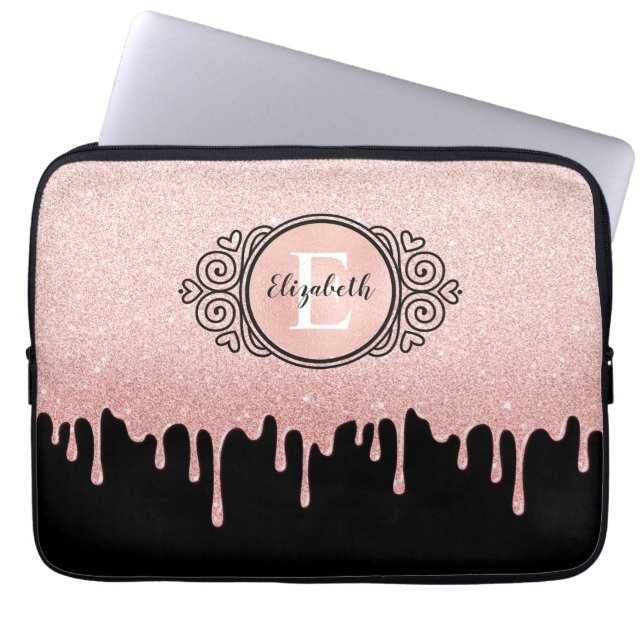 Girl Black Rose Gold Glitzer Tropfen Monogram Laptopschutzhülle (Vorderseite)