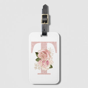 Girl Blale Rose Gold Glitzer Floral T Monogramm Gepäckanhänger
