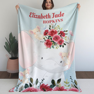 Girl Blanket mit Elephant Burgundy Maroon Blume Fleecedecke