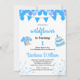 Girl Blue Bear 1st Birthday Invitation Card Einladung