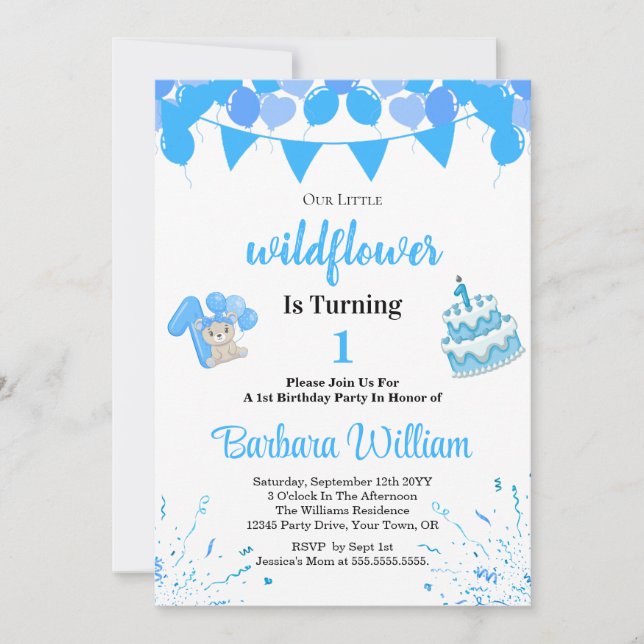 Girl Blue Bear 1st Birthday Invitation Card Einladung (Vorderseite)