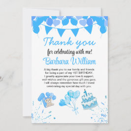 Girl Blue Bear 1st Birthday Thank You Card