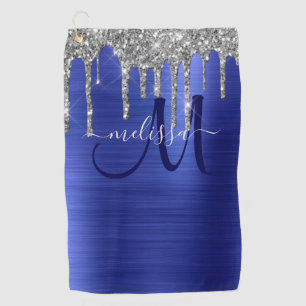 Girl Blue Dripping Glitzer Brush Metal Monogramm Golfhandtuch