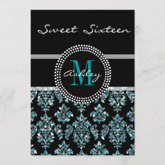Girl Blue Glitzer Black Damask Personalisiertes Pa Einladung
