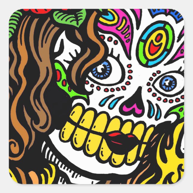 Girl Blume Sugar Skull Quadratischer Aufkleber (Vorderseite)