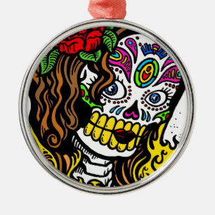 Girl Blume Sugar Skull Silbernes Ornament