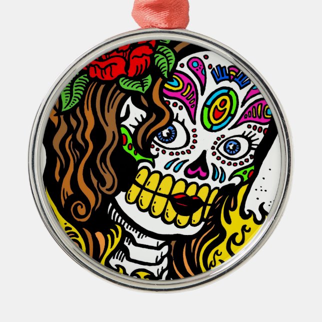 Girl Blume Sugar Skull Silbernes Ornament (Vorne)