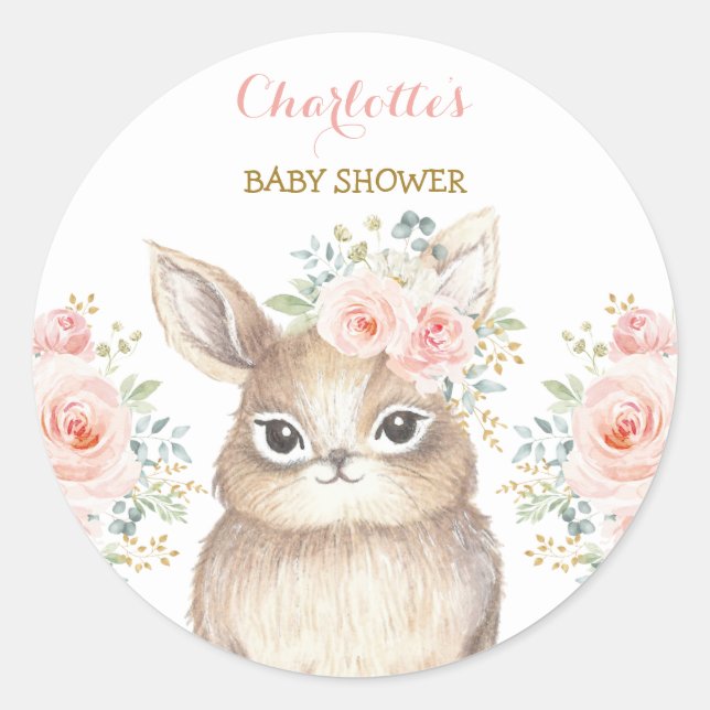 Girl Blush Bunny Rabbit Baby Dusche Gastgeschenk Runder Aufkleber (Vorderseite)