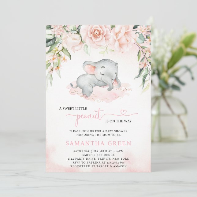 Girl Blush Elephant Baby Dusche Einladung (Stehend Vorderseite)