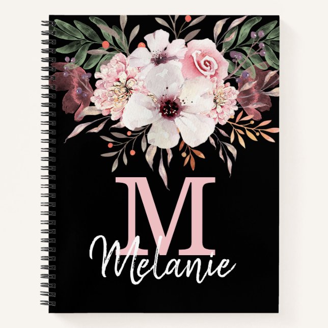 Girl Blush Pink Black Monogram Floral Notebook Notizbuch (Vorderseite)