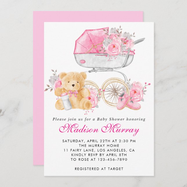 Girl Blush Pink Bläserstollen Pram Babydusche Einladung (Vorne/Hinten)