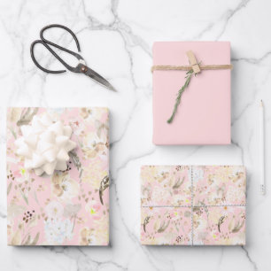 Girl Blush Pink Creme White Floral Geschenkpapier Set