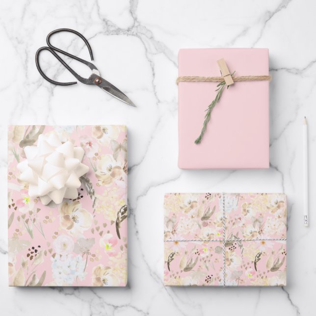 Girl Blush Pink Creme White Floral Geschenkpapier Set (Vorderseite)