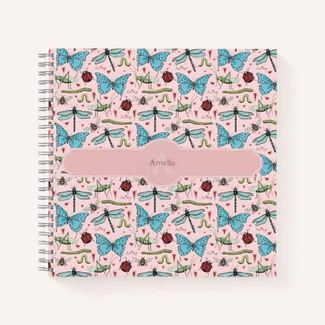Girl Blush Pink farbenfrohe Insektenmuster-Monogra Notizbuch (Vorderseite)