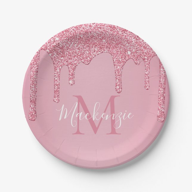 Girl Blush Pink Glitzer Tropfen Monogram Birthday Pappteller (Vorderseite)