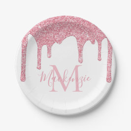 Girl Blush Pink Glitzer Tropfen Monogram Birthday Pappteller