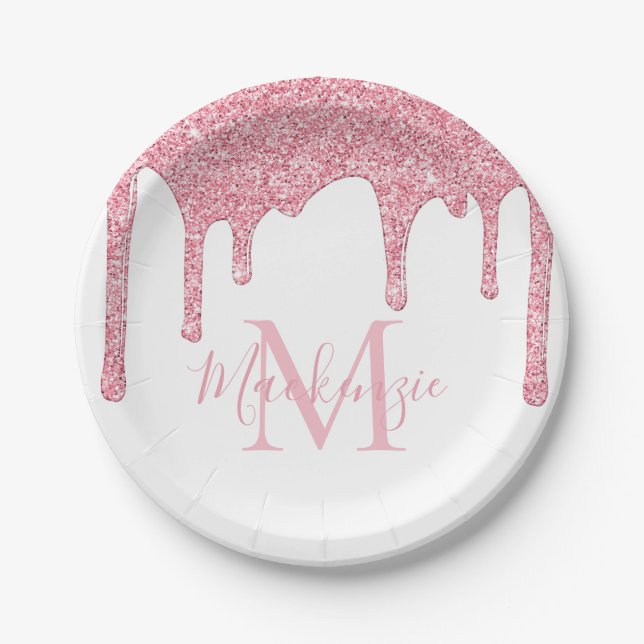 Girl Blush Pink Glitzer Tropfen Monogram Birthday Pappteller (Vorderseite)