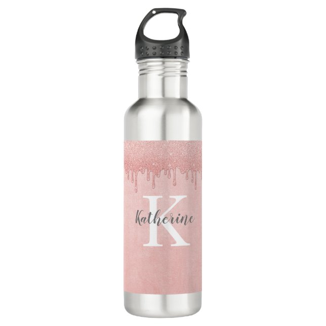 Girl Blush Pink Glitzer Tropfen Monogram Edelstahlflasche (Vorderseite)