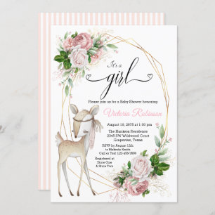 Girl Blush Pink Gold Floral Deer Baby Dusche Einladung