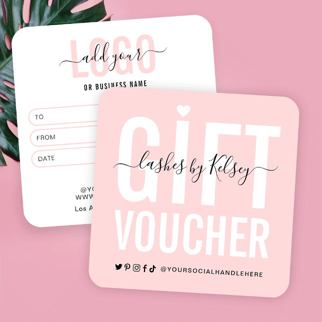 Girl Blush Pink Lash Salon Logo Geschenkgutschein Quadratische Visitenkarte (Feminine blush pink gift certificate with space for your logo)
