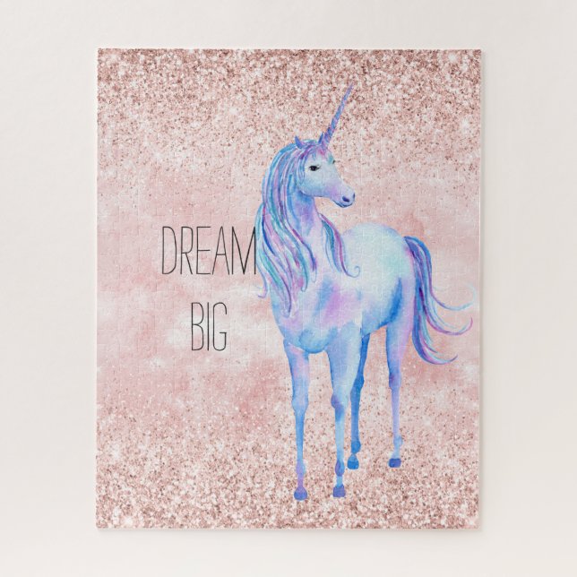 Girl Blush Pink Lila Wasserfarbe Einhorn Glitzer Puzzle (Vertikal)