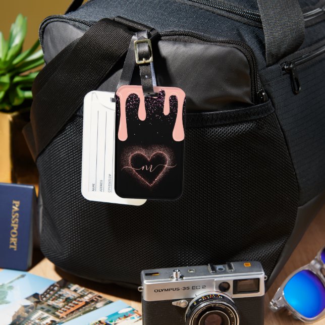 Girl Blush Pink Paint Tropfen Glitzer Mit Monogram Gepäckanhänger (Vorderseite & Rückseite)