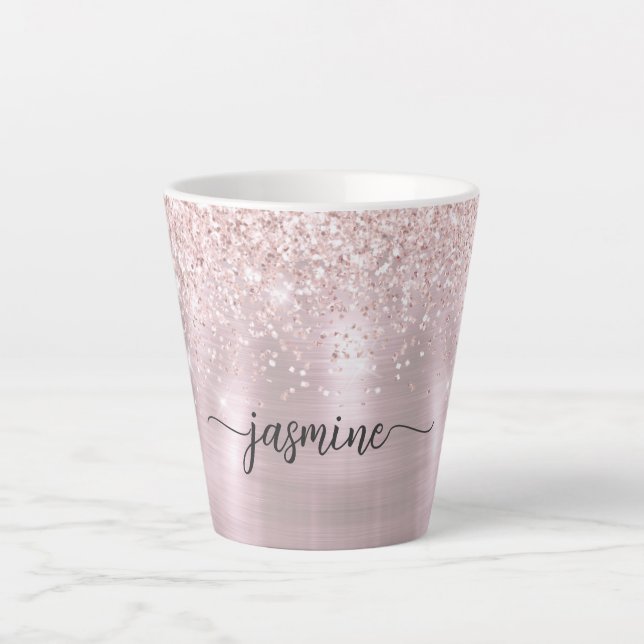 Girl Blush Pink Rose Gold Glitzer Monogram Milchtasse (Vorderseite)