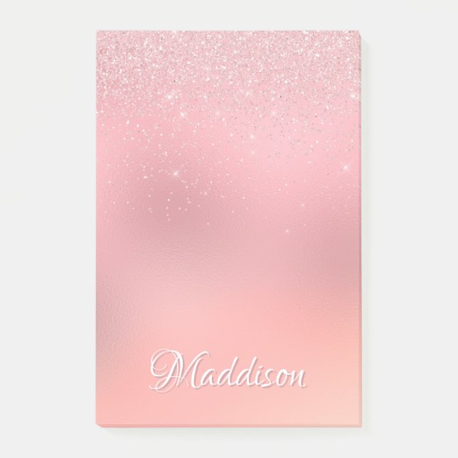 Girl Blush Pink Silver Glitzer Personalisierter Na Post-it Klebezettel (Vorderseite)