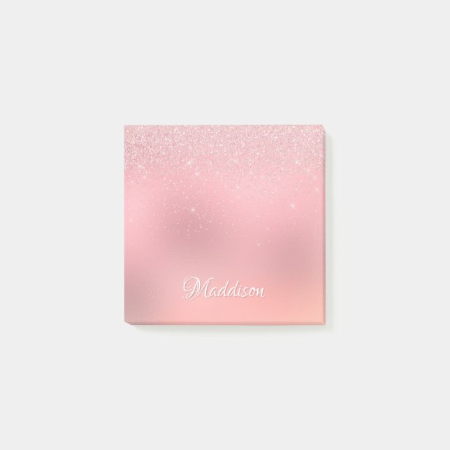 Girl Blush Pink Silver Glitzer Personalisierter Na Post-it Klebezettel (Vorderseite)