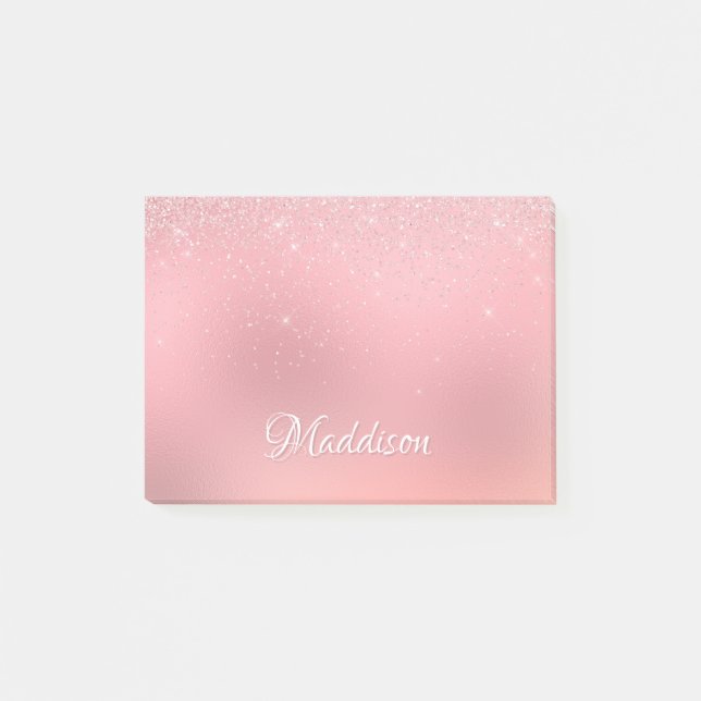 Girl Blush Pink Silver Glitzer Personalisierter Na Post-it Klebezettel (Vorderseite)