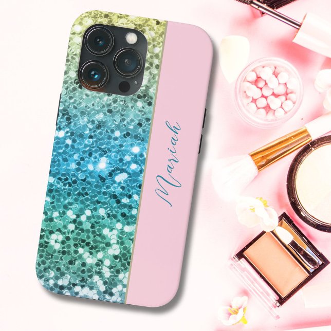 Girl Blush Pink Sparkle Blue Aquamarin Rainbow Gli Case-Mate iPhone Hülle (Von Creator hochgeladen)