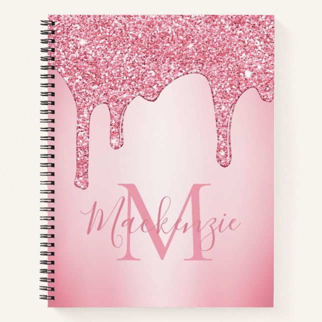 Girl Blush Pink Sparkle Glitzer Tropfen Monogram Notizbuch (Vorderseite)