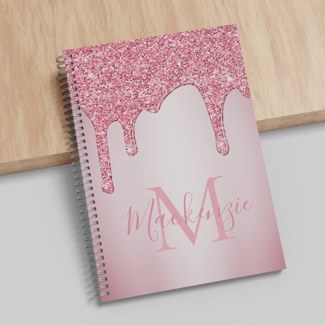 Girl Blush Pink Sparkle Glitzer Tropfen Monogram Notizbuch (Von Creator hochgeladen)