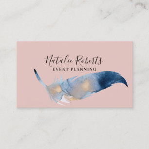 Girl Blush Pink Watercolor Feather Event Planning Visitenkarte