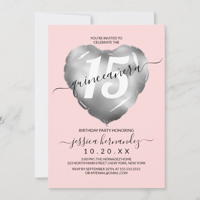 Girl Blush Silver Foil Herzballon Quinceañera Einladung (Vorderseite)