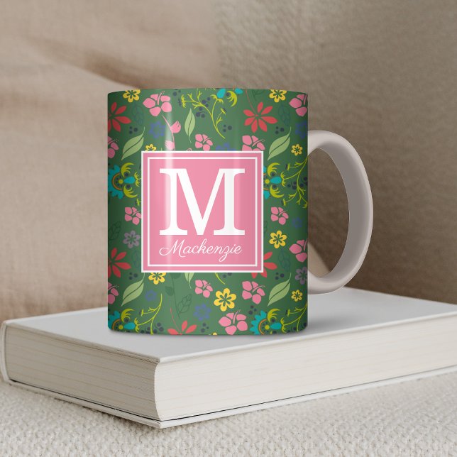 Girl-Bohemische Blume Forest Green Pink Monogram Kaffeetasse (Girly Bohemian Flowers Forest Green Pink Monogram Coffee Mug)