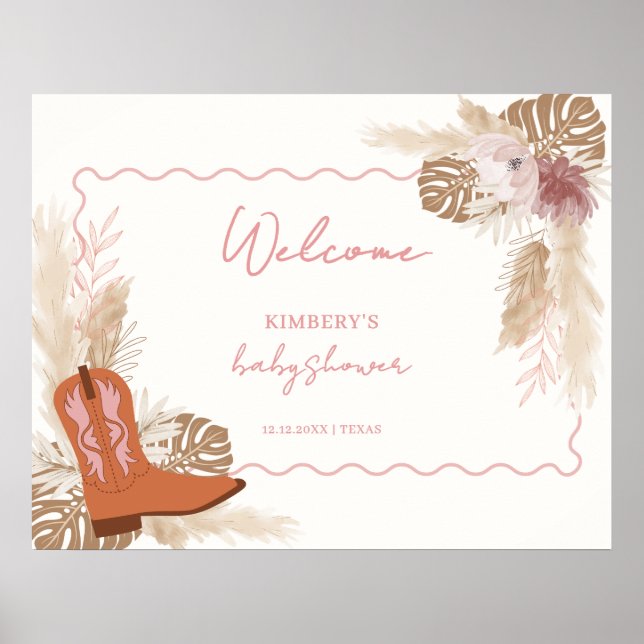 Girl Boho Cowgirl Boots Pampas Baby Dusche Willkom Poster (Vorne)