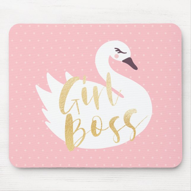Girl Boss | Chic Girly White Swan & Polka Dot Mousepad (Vorne)