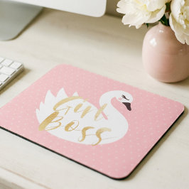 Girl Boss | Chic Girly White Swan & Polka Dot Mousepad