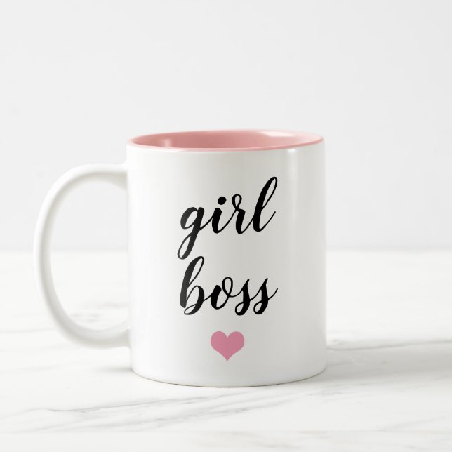 Girl Boss rosa elegante Typografie Zweifarbige Tasse (Links)