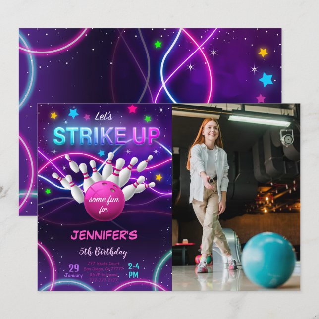 Girl Bowling Birthday Foto Einladung (Vorne/Hinten)