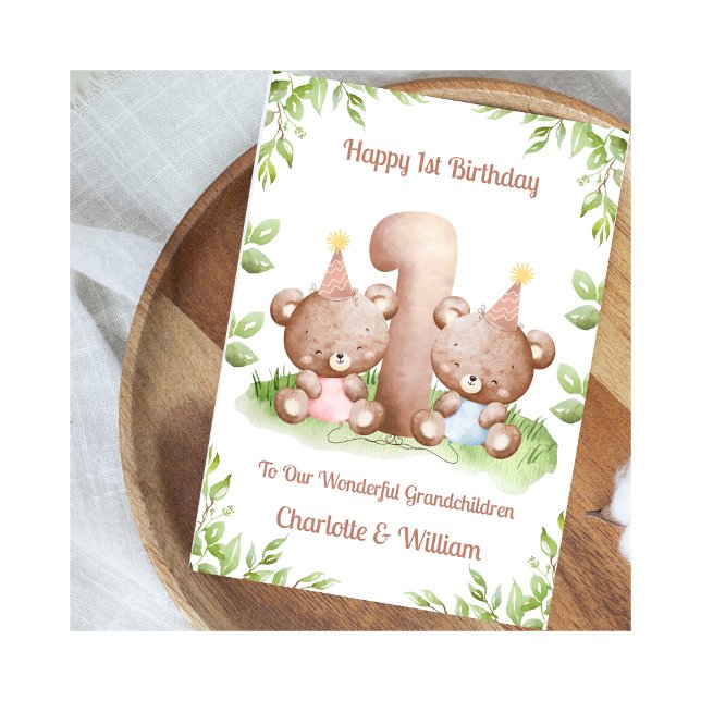 Girl Boy Twins 1st Birthday Teddy Bears Card Karte (Von Creator hochgeladen)