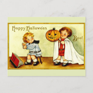 Girl & Boy Vintage Image Halloween Pumpkin & Ghost Postkarte