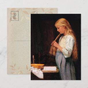 Girl Braiding ihre Haare und Lektüre eines Buches Postkarte